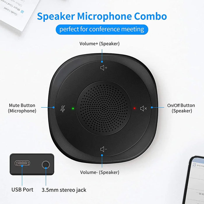 USB Conference Speakerphone — 360° Omnidirectional Condenser Mic with Mute & Volume