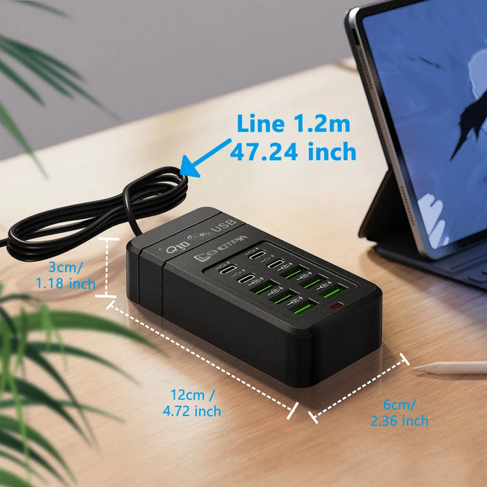 6x USB-A & 4x USB-C Multi‑Plug USB Charger with 1.2m Cord — EU/UK/US