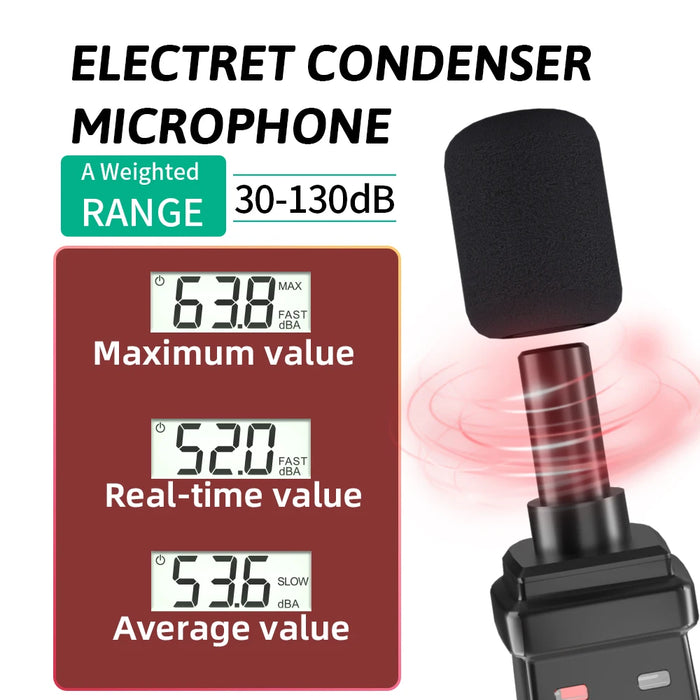 Digital Sound Level Meter (30–130 dB, A‑weighted) – Handheld Decibel Monitor
