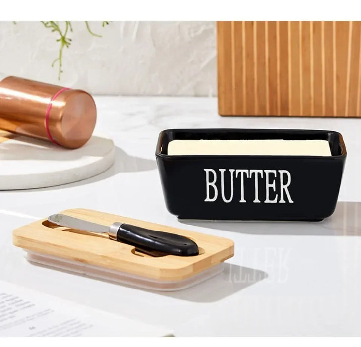 Ceramic Butter & Cheese Storage Box with Bamboo Lid and Knife — 14.8×8.5×6cm