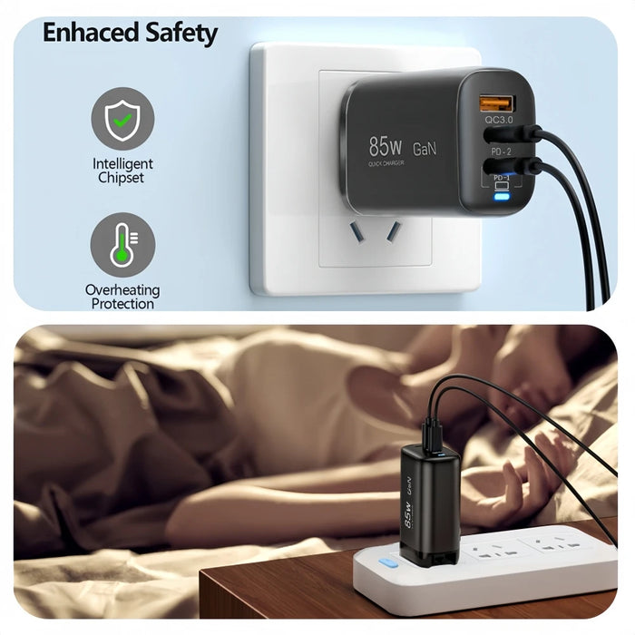 85W GaN USB‑C Charger – PD/PPS/QC Fast Charge, 2x USB‑C + USB‑A (UK/EU/US/KR)