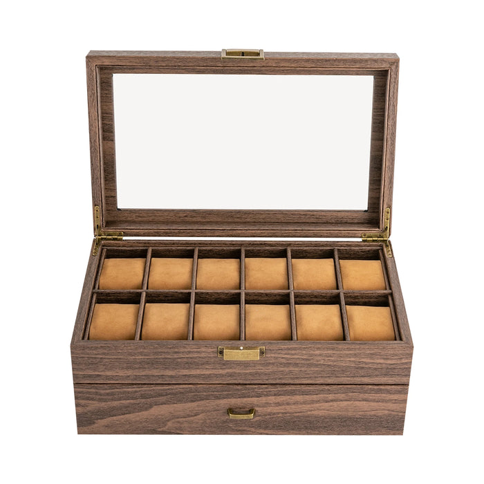 24-Slot Watch Box — Brown PU & Wood Display Case with Glass Lid