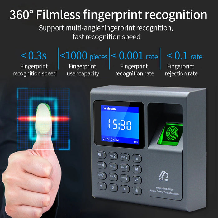 Fingerprint & RFID Access Control Time Recorder — 1000 Users, USB Attendance