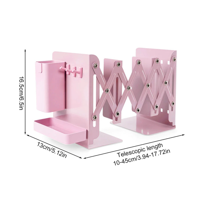 Retractable Metal Desktop Bookstand with Basket, Hooks & Removable Pen Holder