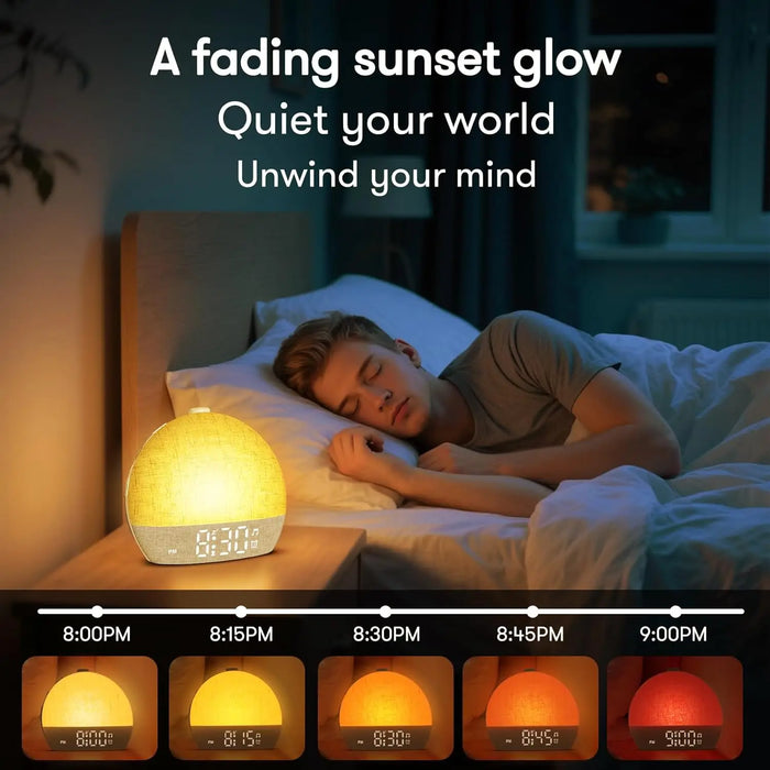 Wake-Up Sunrise Alarm Clock — 30 White-Noise Sounds, Dimmable RGB Night Light