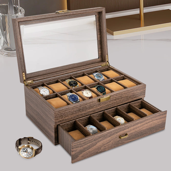 24-Slot Watch Box — Brown PU & Wood Display Case with Glass Lid