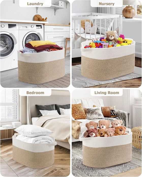 Large Cotton Rope Storage Basket – Foldable Laundry & Blanket Bin (55×38×30cm)