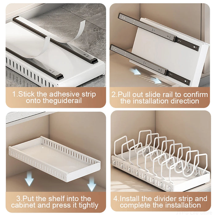 Pull-Out Pots & Pans Organiser — Sliding Lid Holder & 8-Compartment Kitchen Rack (White/Black)