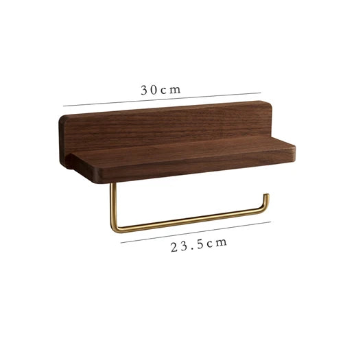 Wall-Mounted Toilet Roll Holder with Shelf — Brass & Wood, Stainless Steel