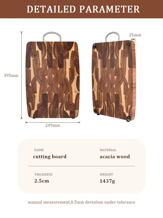 End-grain Acacia Butcher Block Cutting Board with Handle — 395×249×25 mm