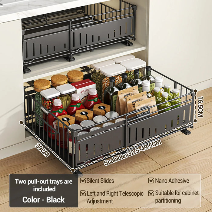 Expandable Pull-Out Cabinet Organiser — Slide-Out Drawer Storage Shelf for Kitchen