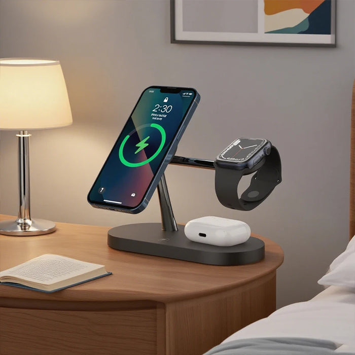 3-in-1 Magnetic Wireless Charger Stand for iPhone 12–17, Apple Watch Series 4–10 & AirPods (Qi)