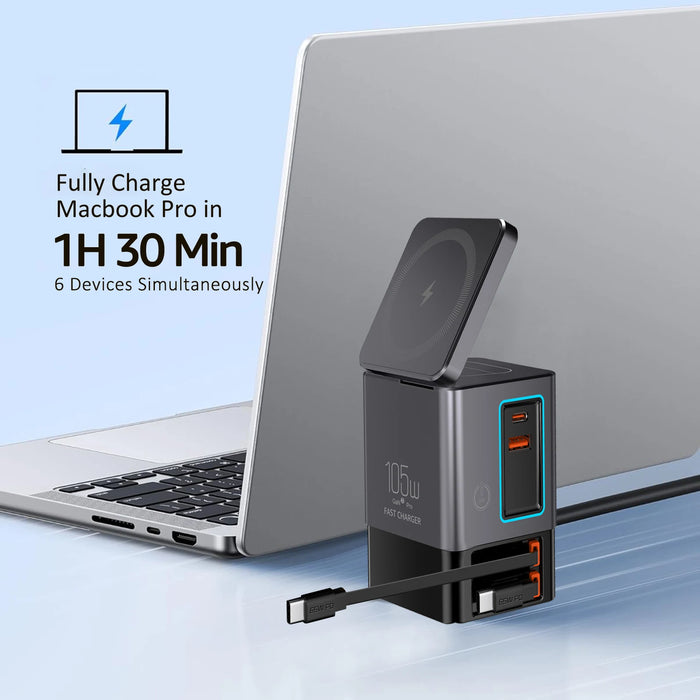 6‑in‑1 Charging Station with Retractable USB‑C — Multi‑Device Power Tower