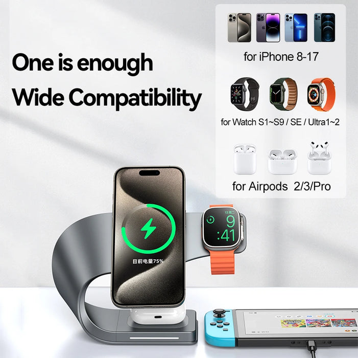 4-in-1 Magnetic 15W Metal Wireless Charging Station – Phone, Watch & Earbuds