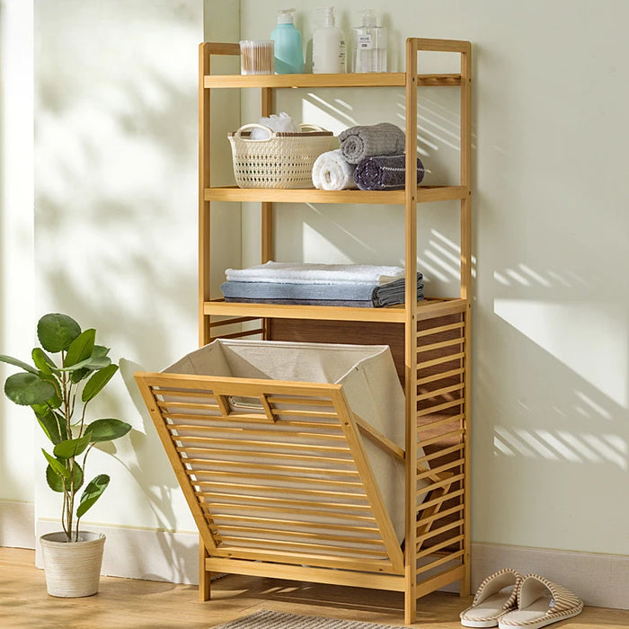 Adjustable Bamboo Laundry Hamper & Bathroom Rack with Pull-Out Shelves