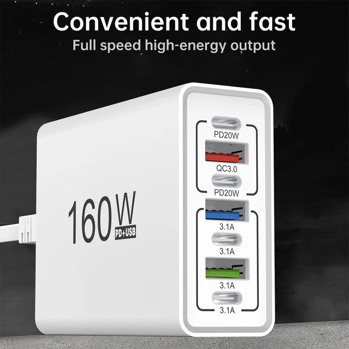 7-in-1 160W USB Charging Station – PD Type-C & USB-A, EU/US Plug, iPhone/Samsung/Xiaomi Compatible