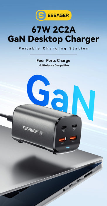 67W GaN USB‑C Desktop Charger — PD/QC Fast Charging, 2C+2A Ports for MacBook, Samsung, iPhone 15