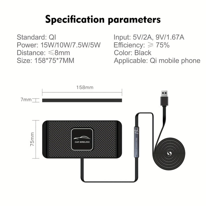 15W Qi Wireless Car Charger Pad with USB — QC3.0 Input, Compatible with iPhone 11–16 & Qi Devices
