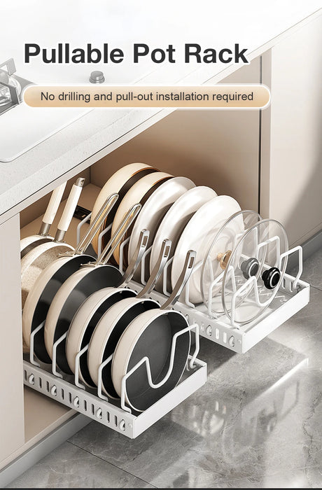 Pull-Out Pots & Pans Organiser — Sliding Lid Holder & 8-Compartment Kitchen Rack (White/Black)