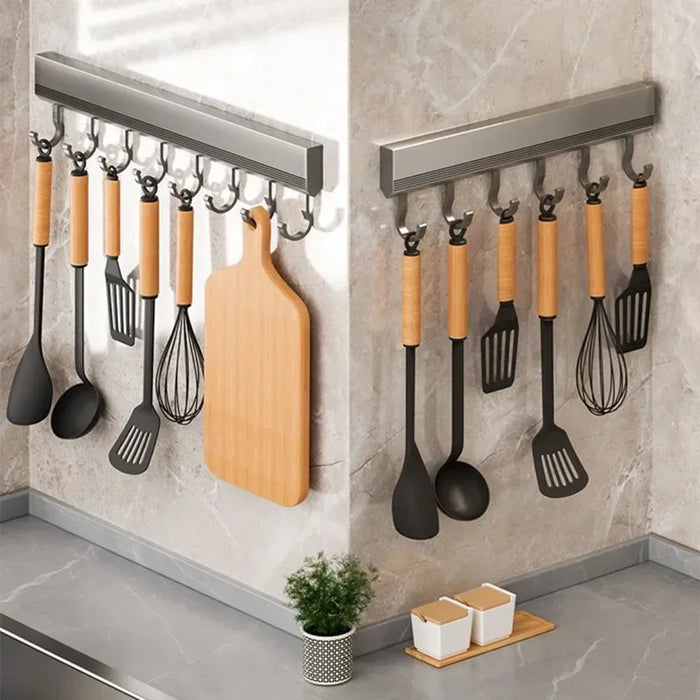 Drill-Free Wall-Mounted Aluminium Hook Rack — 6/8/10 Hook Options