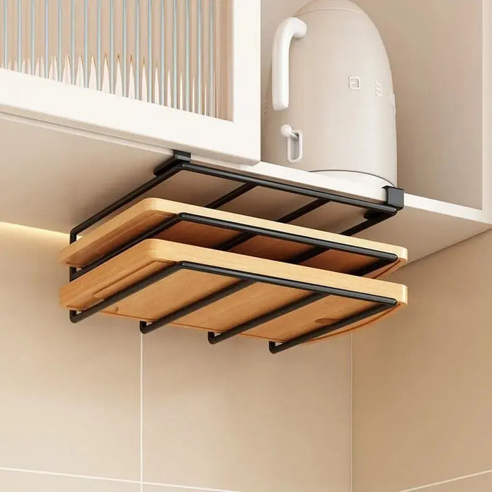 Under-Cabinet Kitchen Organiser Rack with Hooks — Holds Paper Towels, Cutting Boards & Lids