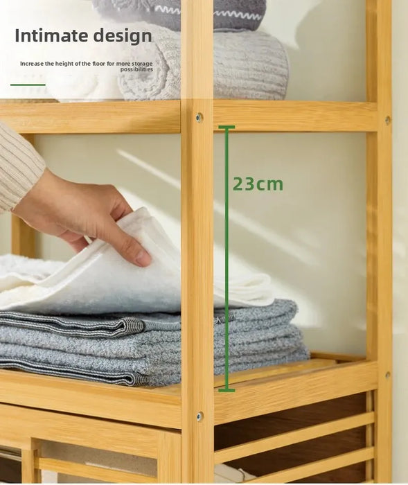 Adjustable Bamboo Laundry Hamper & Bathroom Rack with Pull-Out Shelves