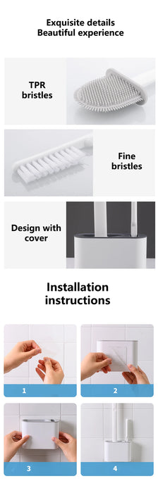Wall-mounted Silicone Toilet Brush & Holder — Long Non-slip Handle, Ventilated Case, No-drill Fit