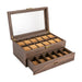 24-Slot Watch Box — Brown PU & Wood Display Case with Glass Lid