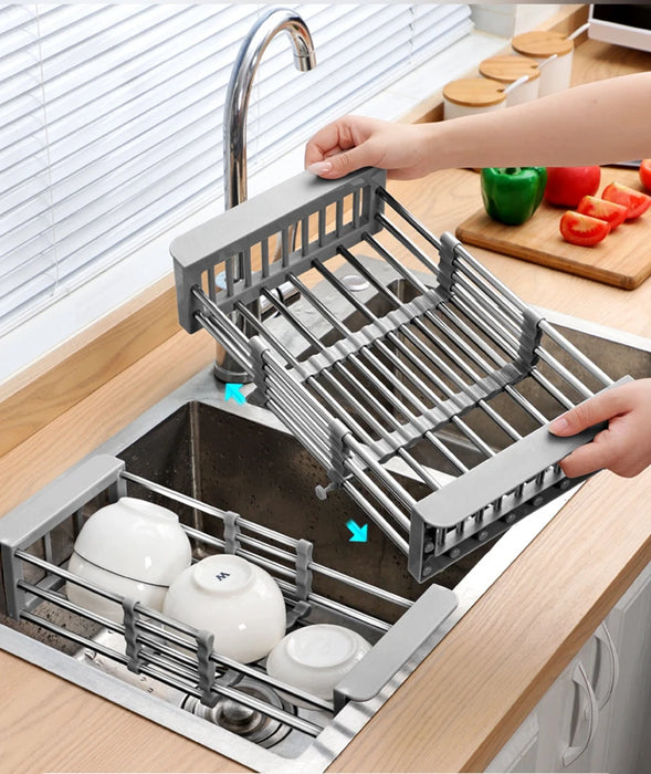 Adjustable Stainless Steel Extension Sink Rack — Foldable Dish & Fruit Drainer
