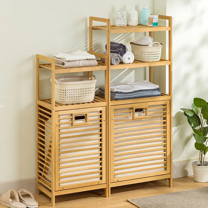 Adjustable Bamboo Laundry Hamper & Bathroom Rack with Pull-Out Shelves