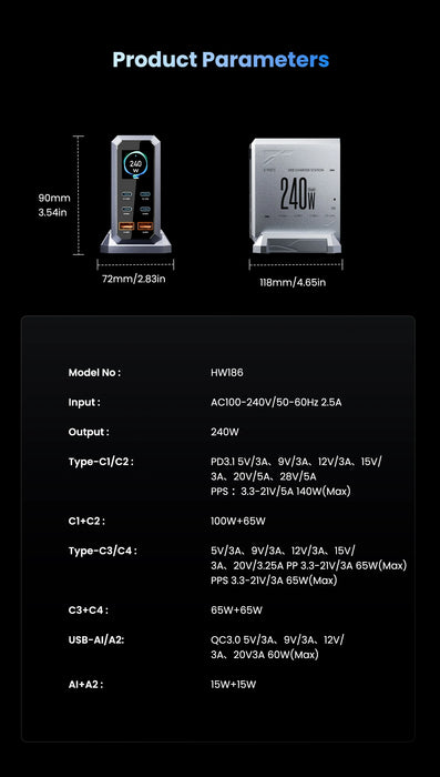 240W GaN Desktop Charger — 6‑Port (4×USB‑C, 2×USB‑A), 140W PD3.1 & PPS