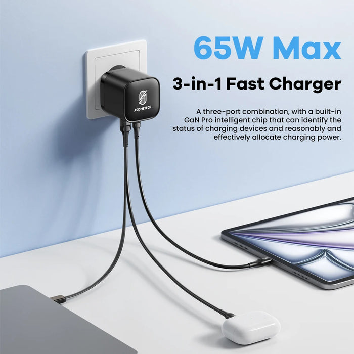 65W GaN 3‑Port USB Charger with Retractable USB‑C Cable — PD3.0, QC4.0, PPS