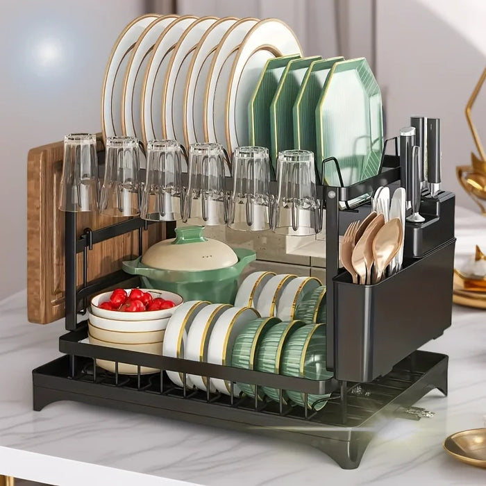 Double-layer Stainless Steel Kitchen Drain Rack for Tableware, Chopsticks and Cutting Boards (White or Black)