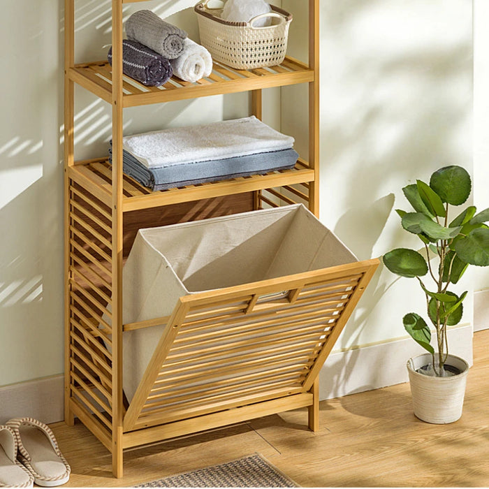 Adjustable Bamboo Laundry Hamper & Bathroom Rack with Pull-Out Shelves