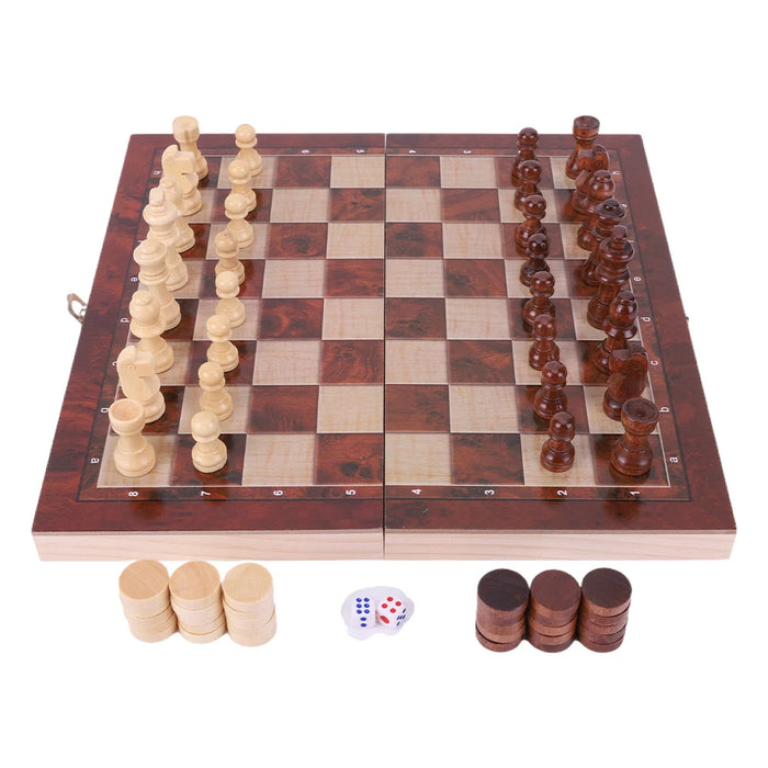 29x29cm Foldable 3‑in‑1 Wooden Chess, Checkers & Backgammon Board