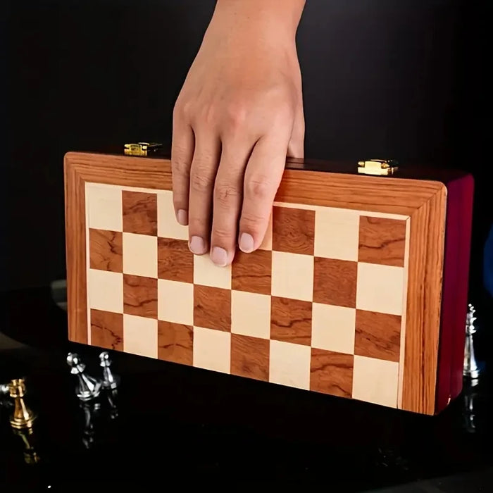 Deluxe 30cm Folding Wooden Checkerboard Set with Weighted Zinc Alloy Pieces