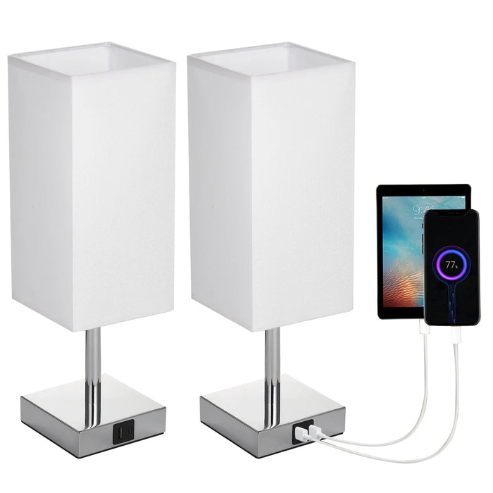 Éjjeli Lámpa Ágy melletti Asztali Lámpa Szövet Árnyékolóval - Meleg Fehér LED Izzó, Érintésvezérlés, Íróasztali Lámpa, USB A és Type-C Töltőportok - Ideális Éjjeliszekrényekhez, Munkapadokhoz és Tanulóhelyekhez