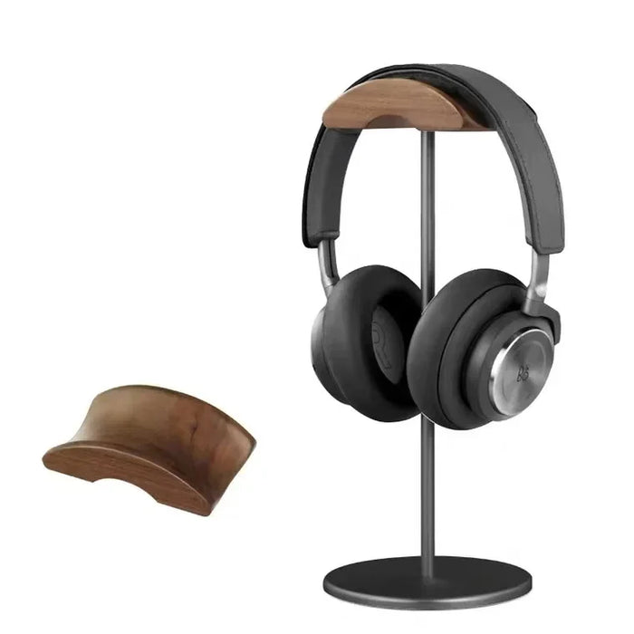 Walnut Wood & Aluminium Headphone Stand with Solid Metal Base — Desk Headset Holder