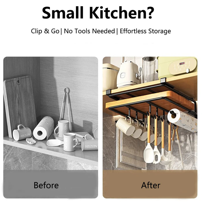 Under-Cabinet Kitchen Organiser Rack with Hooks — Holds Paper Towels, Cutting Boards & Lids