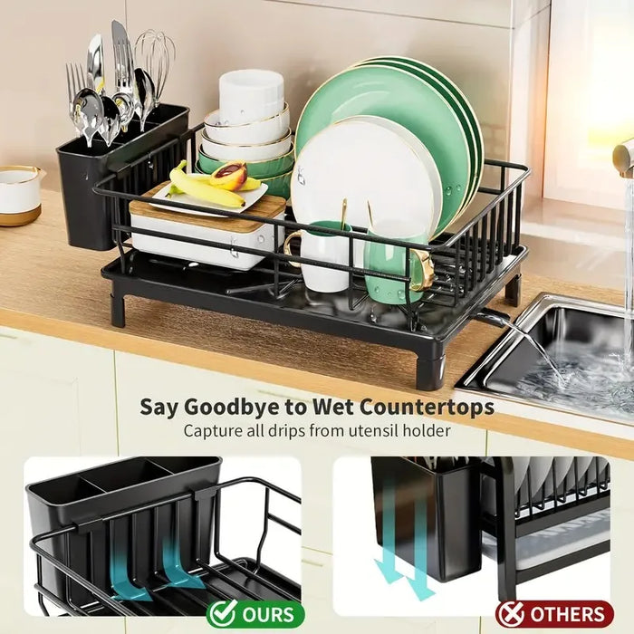 Rustproof 1-Tier Dish Drying Rack with Utensil Holder & Drain Board — Countertop Organiser (Black)