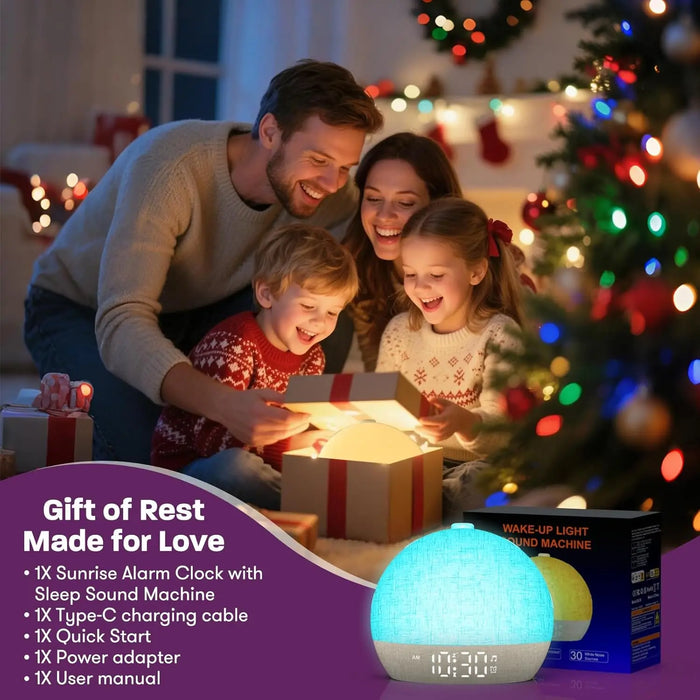 Wake-Up Sunrise Alarm Clock — 30 White-Noise Sounds, Dimmable RGB Night Light
