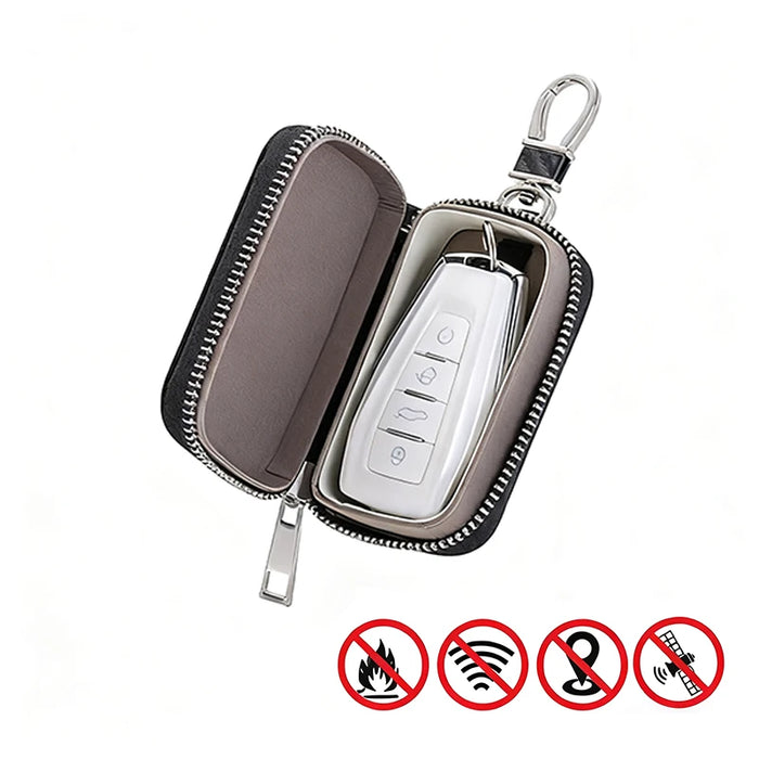 Car Key Signal Blocker Pouch - PU Leather Faraday Key Fob Case (Black, Zipper)