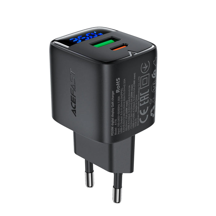 35W GaN USB-C + USB-A Fast Charger with LED Power Display (EU Plug)