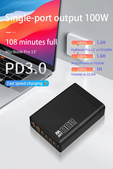 200W GaN 5‑Port USB‑C Fast Charger — Desktop Hub for MacBook Pro/Air & iPad Pro