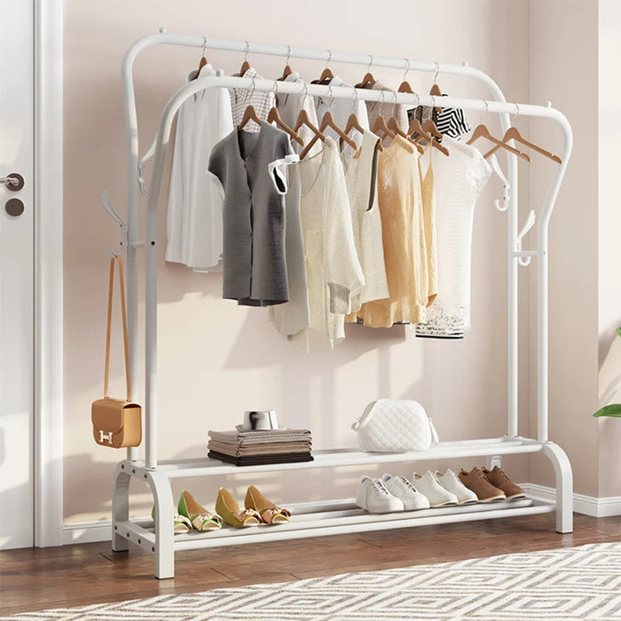 Double Rail Standing Clothes Rack with Mesh & Bottom Shelves — White or Black