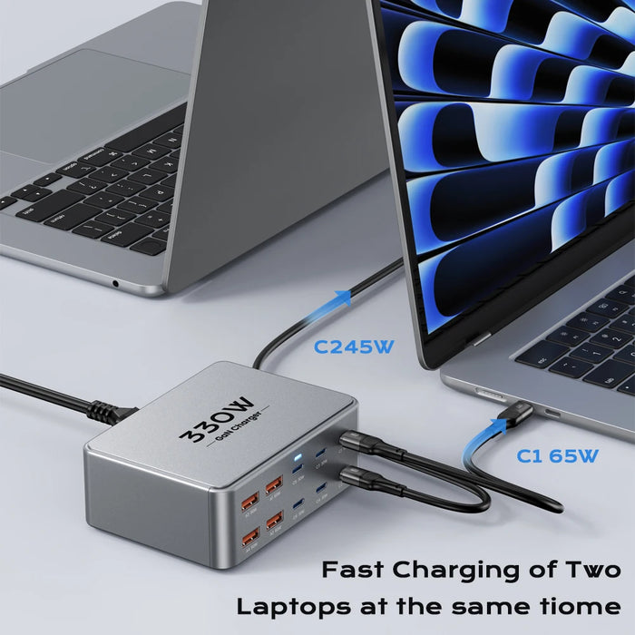 330W GaN 10‑Port USB Charger — 2×100W USB‑C, PD3.0/PPS/QC3.0, for MacBook Pro & iPhone 15/16