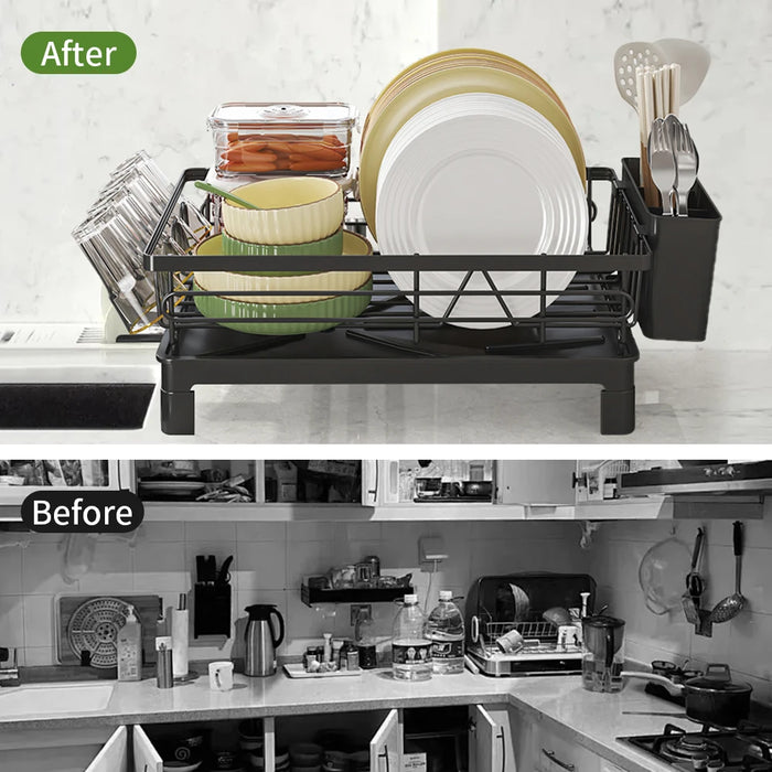Compact Dish Drying Rack with Cutlery & Cup Holders, Drip Tray — 1-Tier (Black)