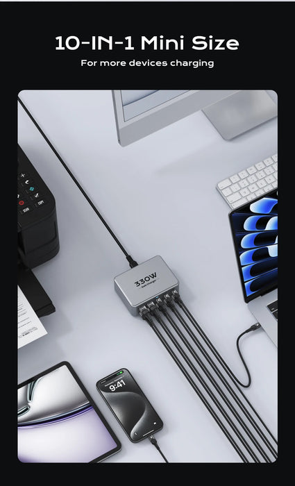 330W 10‑Port GaN USB‑C Charger — Dual 100W PD3.0/PPS Fast Charging Station
