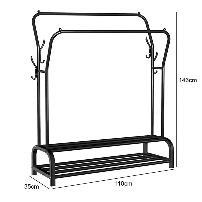 Double-Rail Standing Clothes Rack with Shoe Shelf – Metal Rail for Bedroom & Living Room