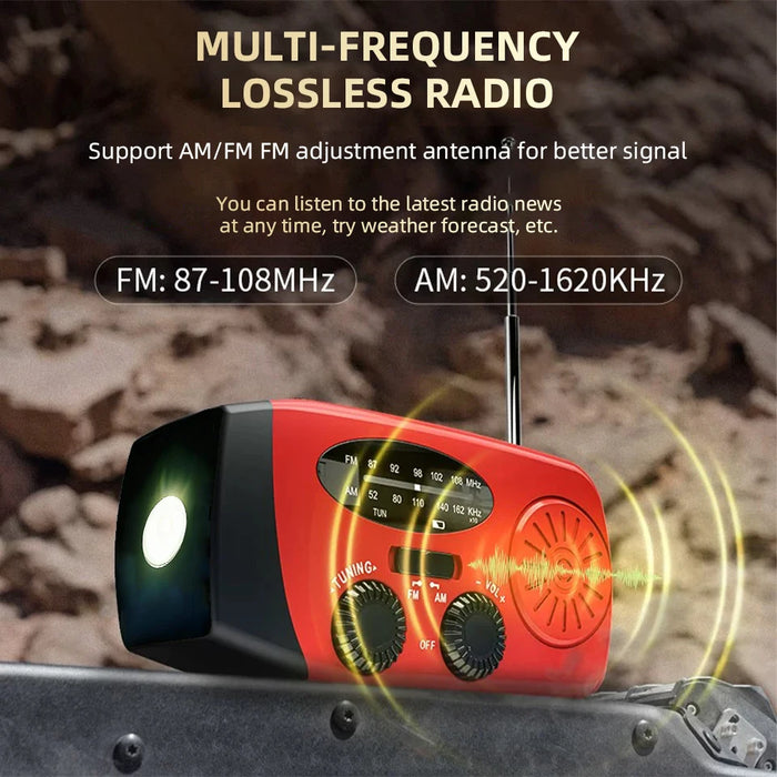 Hand-cranked Solar Power Generator Radio Flashlight — FM AM WB NOAA Power Bank
